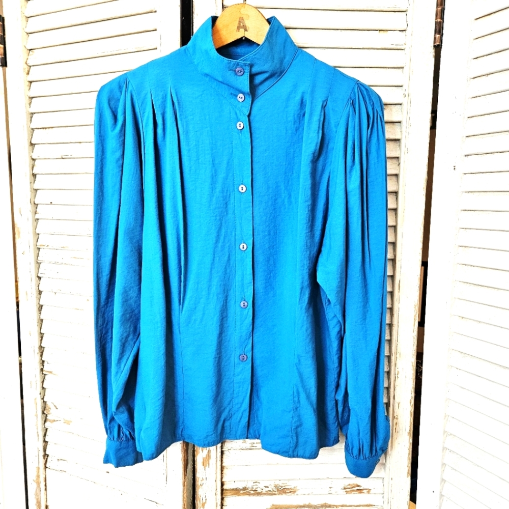 Vintage 80s Teal Blue High Neck Blouse With Gathered Shoulders Small/Medium - Picture 1 of 11